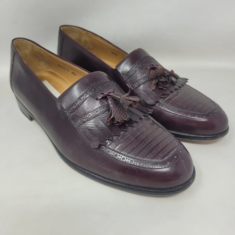 Mezlan Loafers 9.5M Burgundy Lizard Leather Riva Tassel Kiltie Luxury Old Money